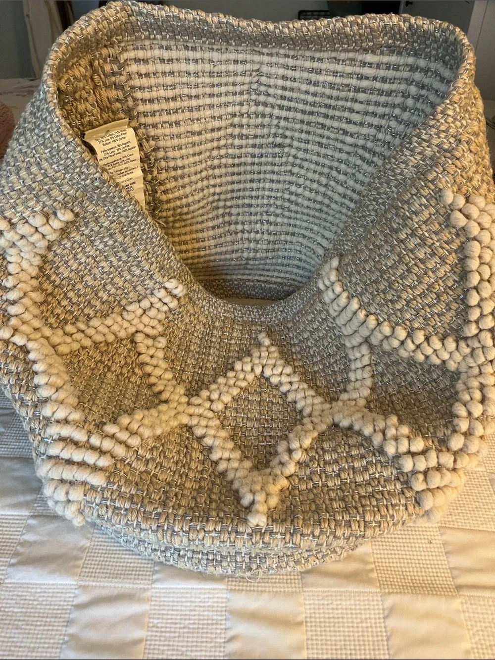 Pottery Barn Kids Cream Textured Knit Pouf with Diamond Bobble Detail